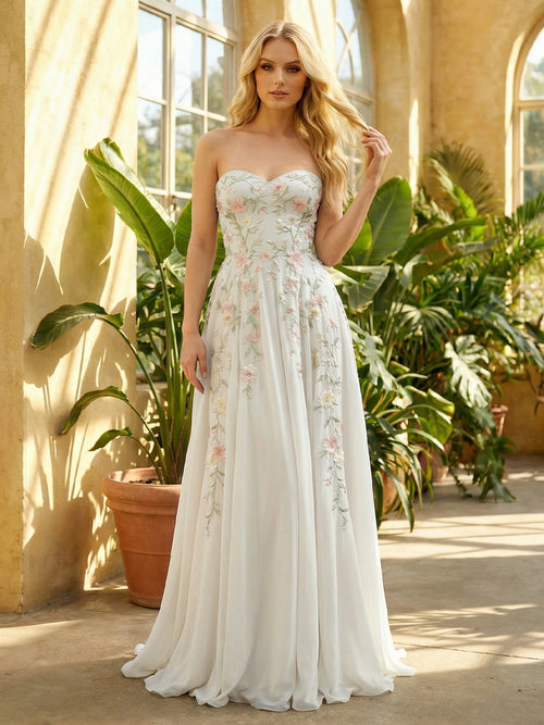 Strapless Lace Appliques Sweetheart A-Line Wedding Dresses