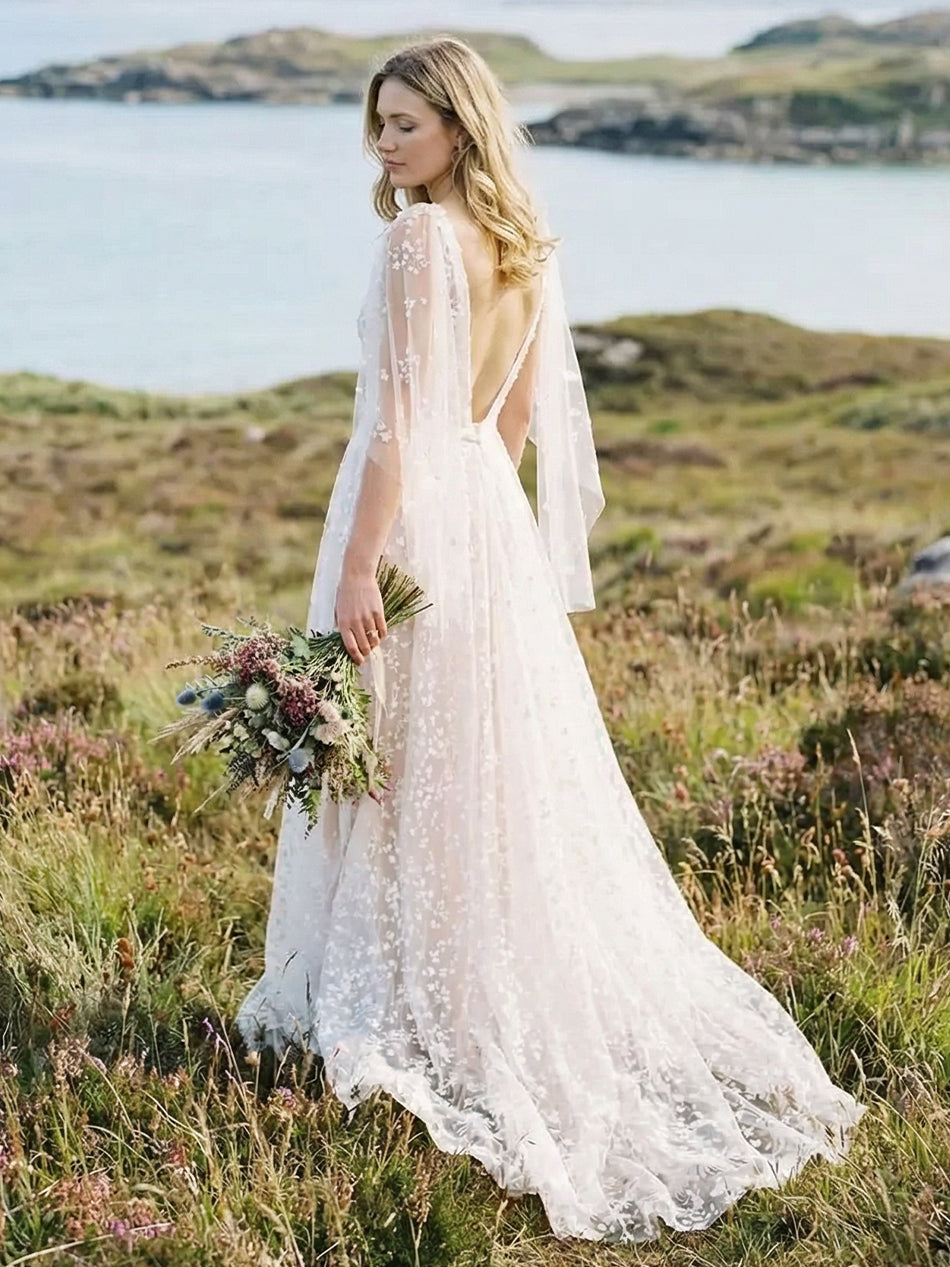 Lace Appliques V Neck A-Line Backless Wedding Dresses with Sleeves