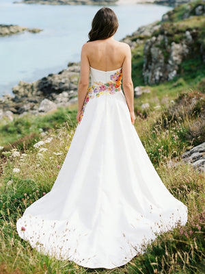 Satin Appliques Strapless A-Line Backless Wedding Dresses with 3D Flower