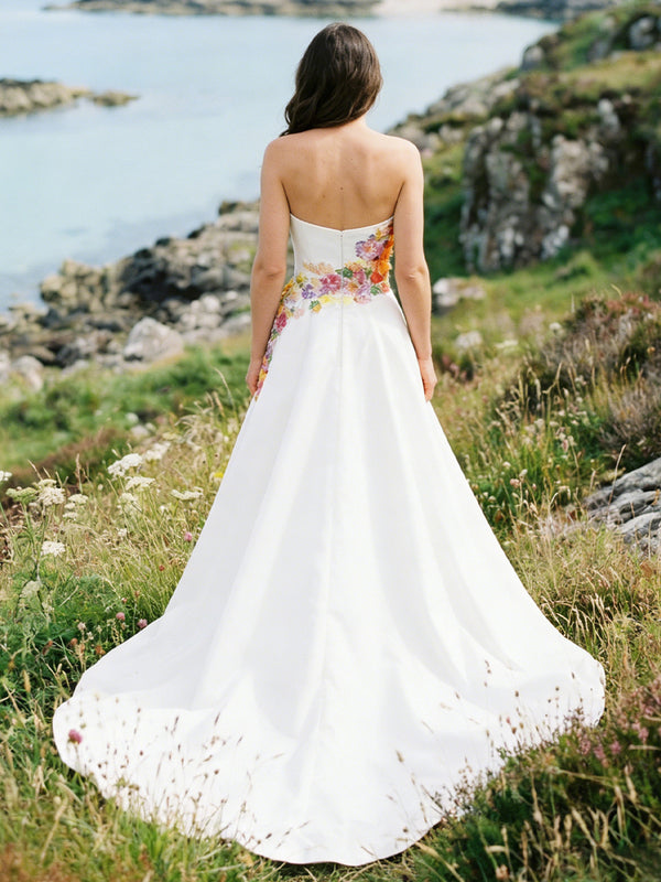 Satin Appliques Strapless A-Line Backless Wedding Dresses with 3D Flower