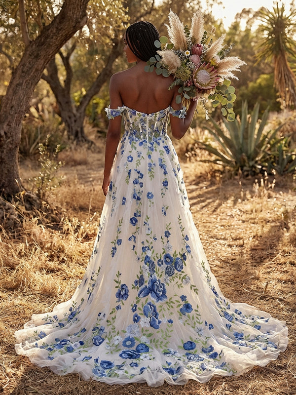 Off the Shoulder Lace Appliques A-Line Backless Wedding Dresses