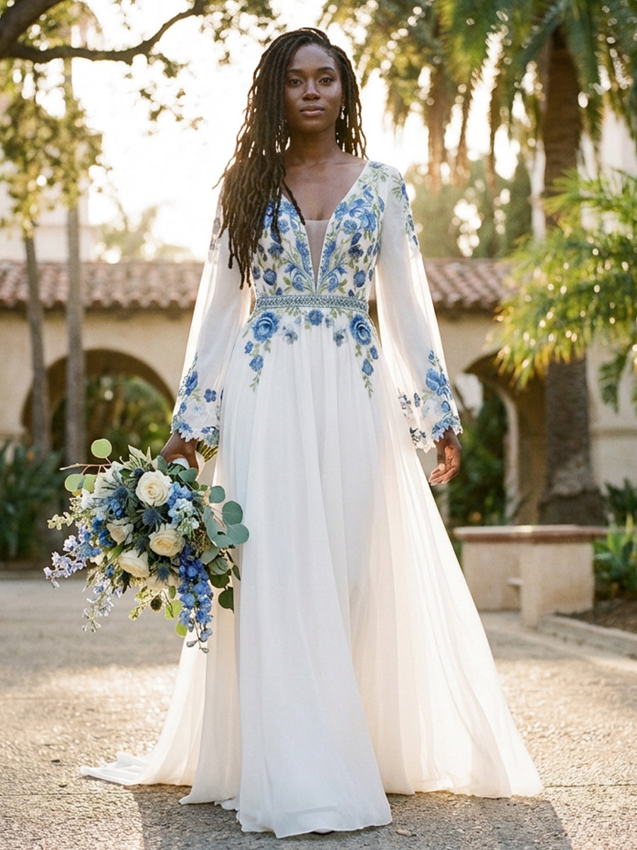 Lace Embroidered A-Line Long Sleeves V Neck Wedding Dresses