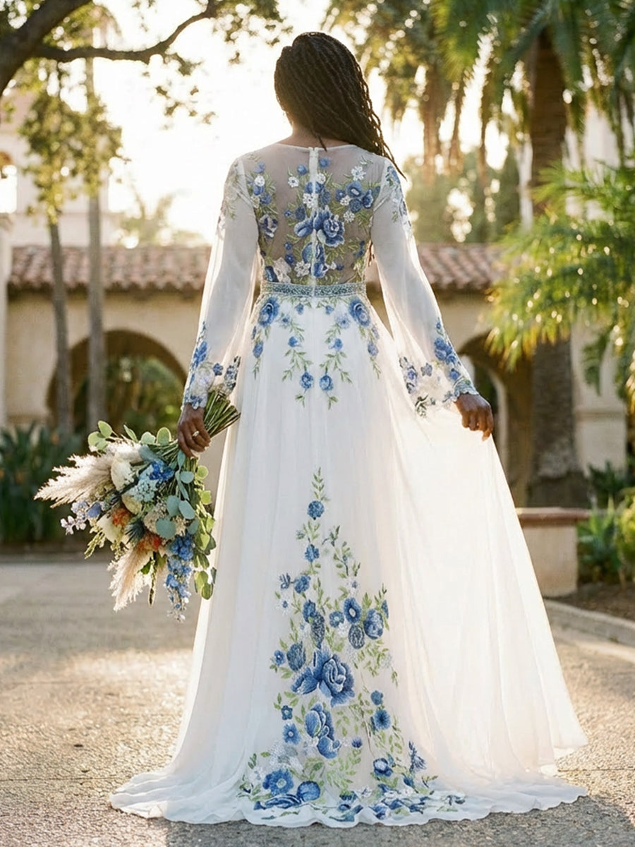 Lace Embroidered A-Line Long Sleeves V Neck Wedding Dresses