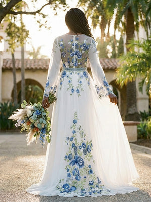 Lace Embroidered A-Line Long Sleeves V Neck Wedding Dresses