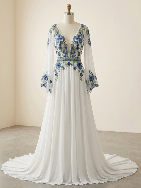 Lace Embroidered A-Line Long Sleeves V Neck Wedding Dresses