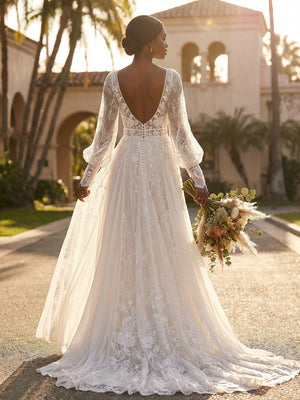 Lace Appliques A-Line Long Sleeves V Neck Wedding Dresses with Backless