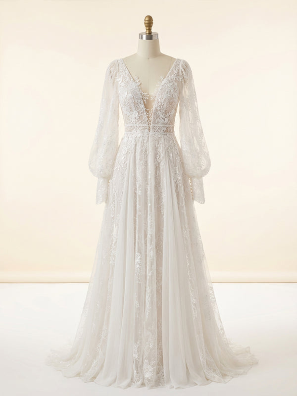 Lace Appliques A-Line Long Sleeves V Neck Wedding Dresses with Backless