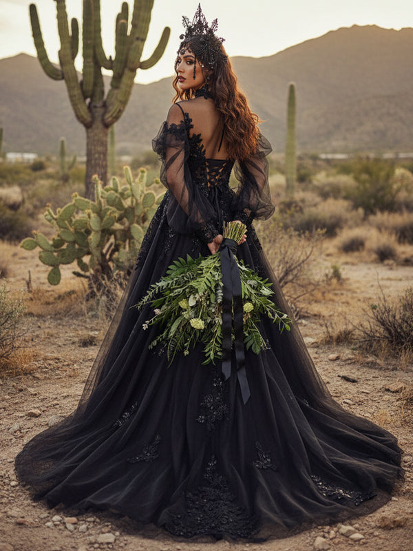 Lace Appliques A-Line Long Sleeves Sweetheart Wedding Dresses with Backless