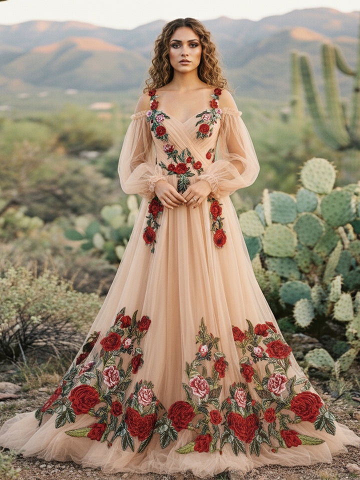 Lace Embroidered A-Line Off the Shoulder Sweetheart Wedding Dresses with Sleeves
