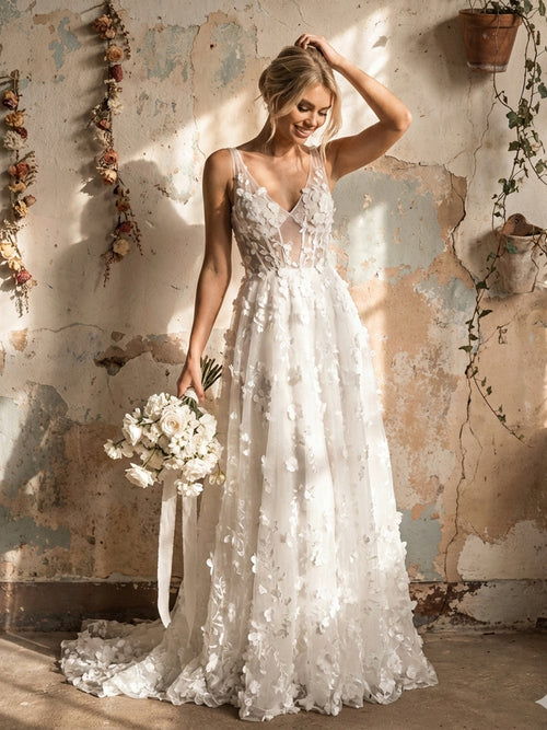 Lace Appliques A Line Long Wedding Dresses with 3D Flower