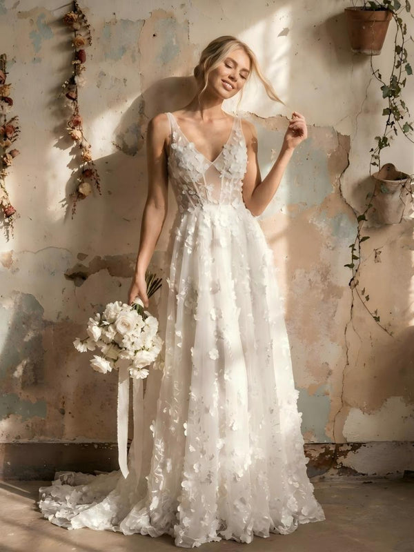 Lace Appliques A Line Long Wedding Dresses with 3D Flower