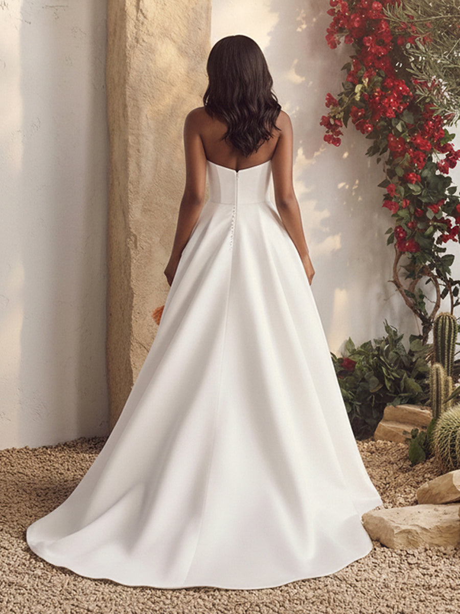 Strapless A Line Long Wedding Dresses Satin