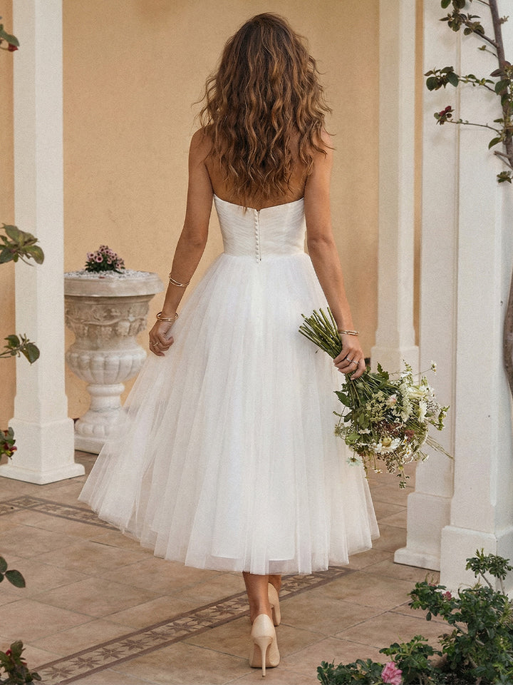 Tulle A Line Sweetheart Tea Length Little White Dresses