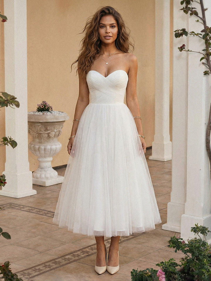 Tulle A Line Sweetheart Tea Length Little White Dresses