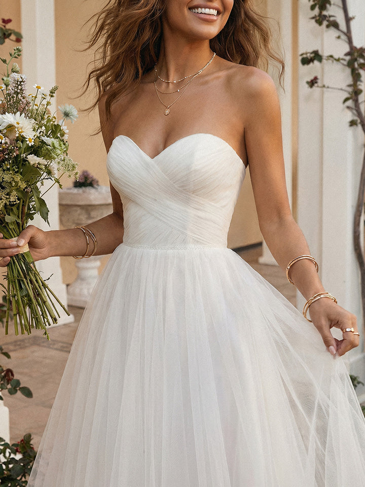 Tulle A Line Sweetheart Tea Length Little White Dresses