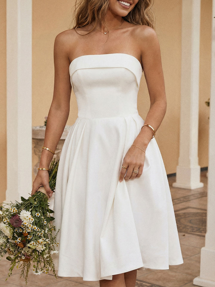 Satin A Line Strapless Short Little White Dresses with Pleats