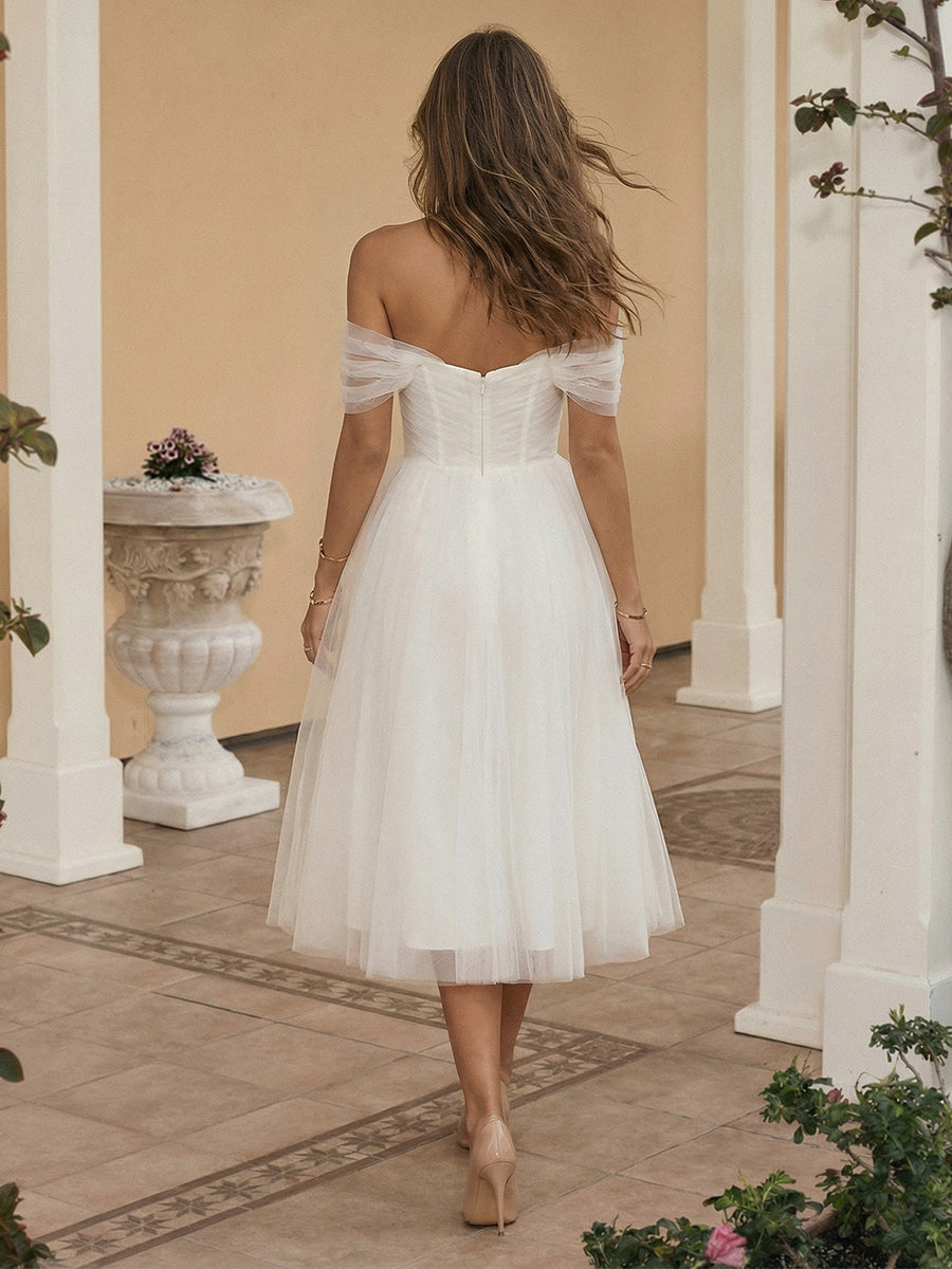 Tulle A Line Off the Shoulder Short Little White Dresses