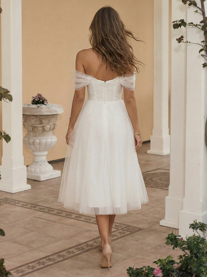Tulle A Line Off the Shoulder Short Little White Dresses