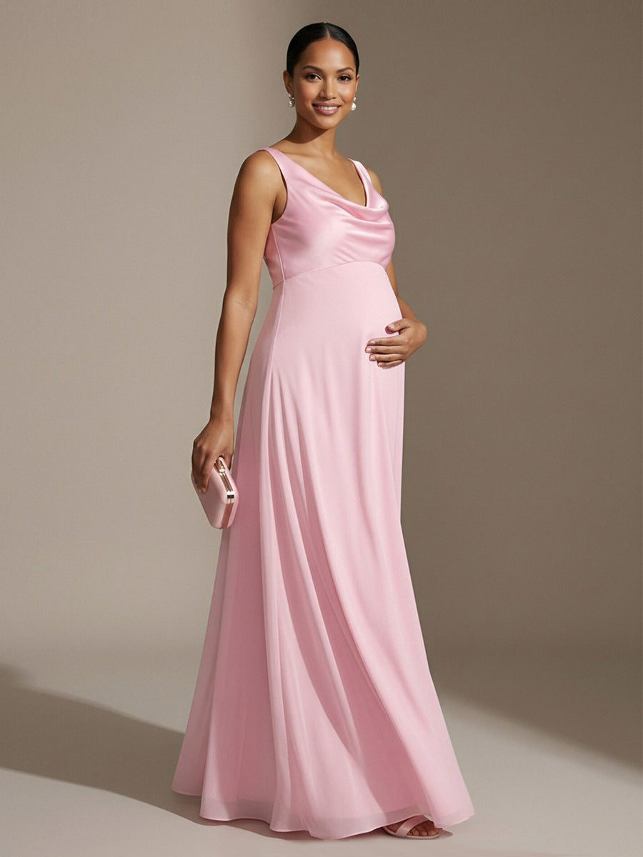 A Line Cowl Neck Satin Sleeveless Wedding Guest Dresses