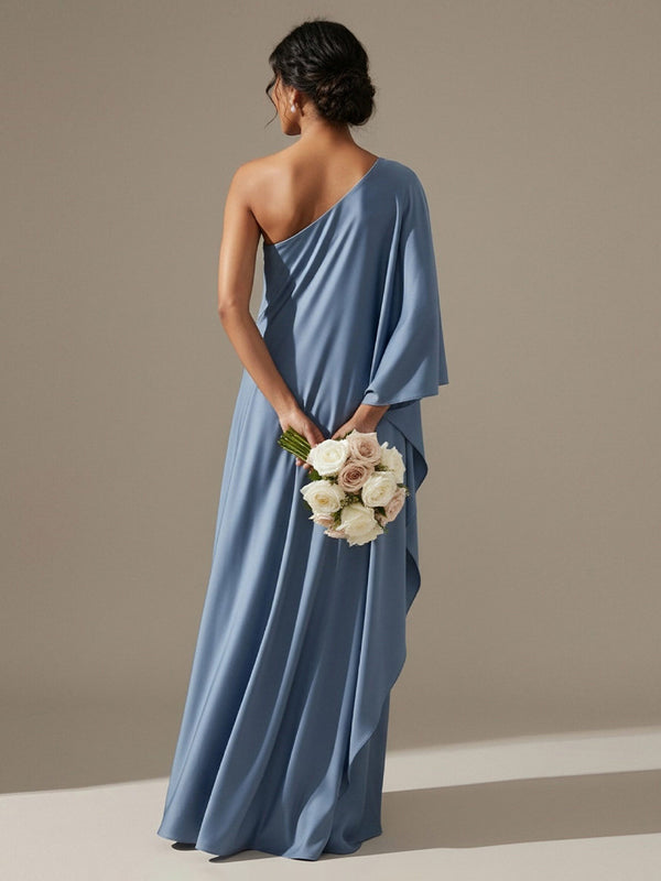 A Line Satin One Shoulder Maxi Dresses with Slit