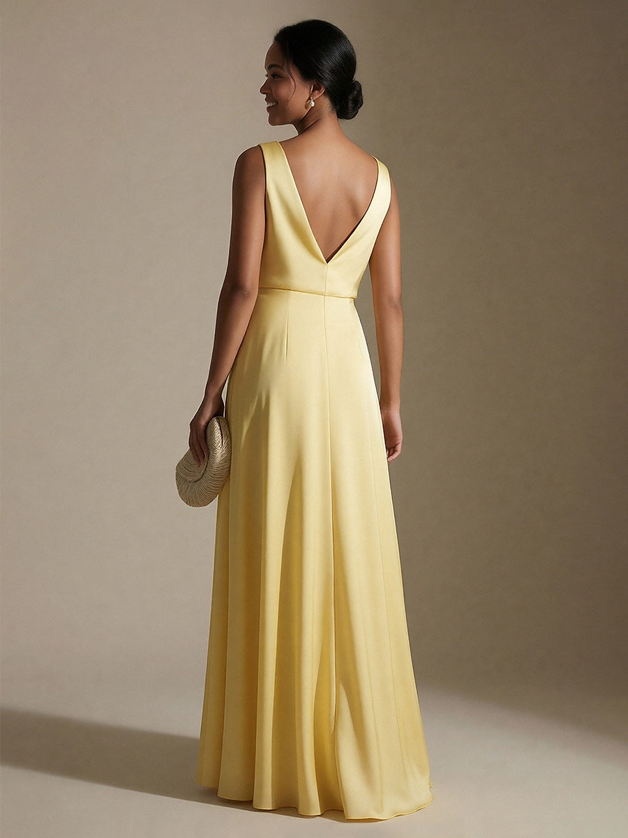 V Neck Corset A Line Satin Sleeveless Wedding Guest Dresses