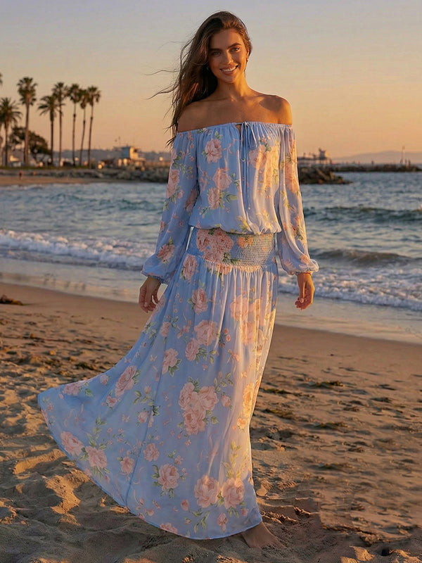 Floral Off the Shoulder A Line Chiffon Maxi Formal Dresses