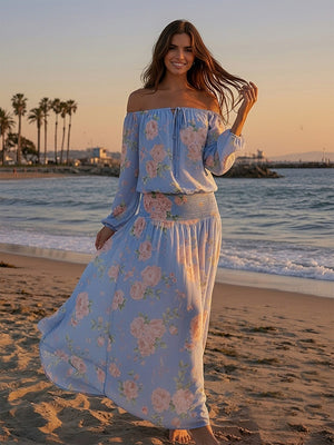 Floral Off the Shoulder A Line Chiffon Maxi Dresses