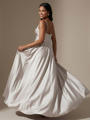 Spaghetti Straps V Neck A Line Satin Maxi Dresses