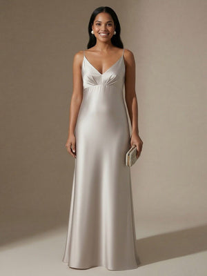 Spaghetti Straps V Neck A Line Satin Maxi Dresses