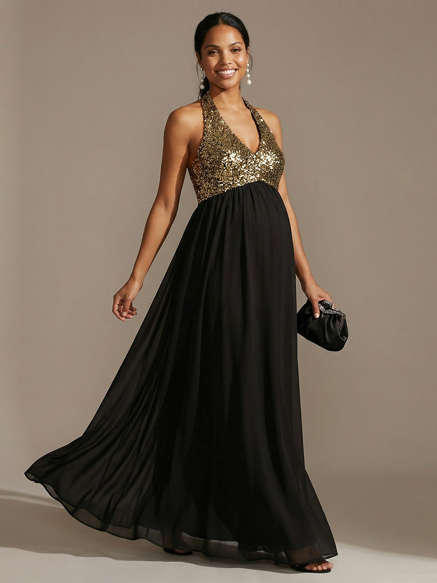 Halter Chiffon A Line Sequin Wedding Guest Dresses