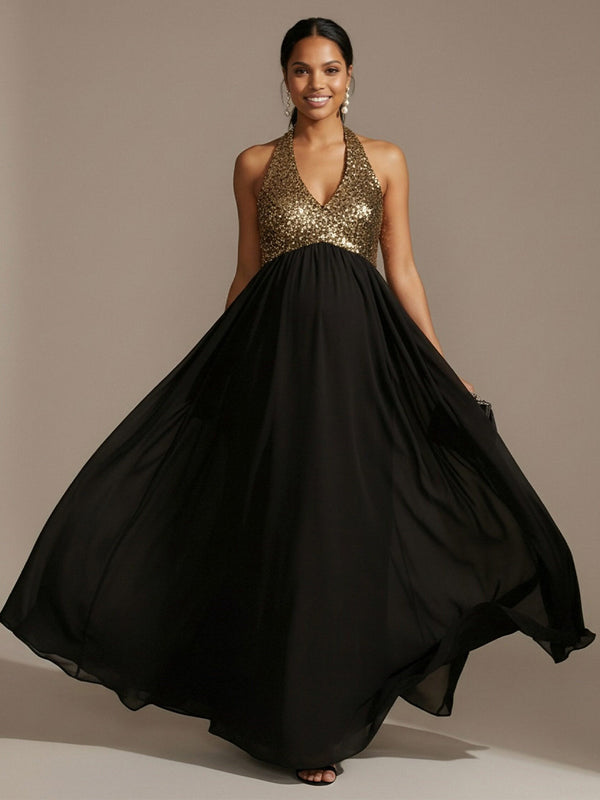Halter Chiffon A Line Sequin Wedding Guest Dresses
