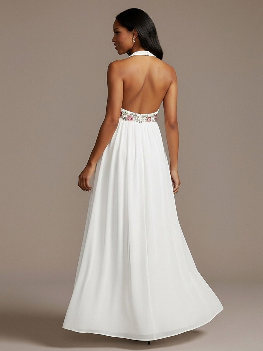 Halter Chiffon A Line Sequin Maxi Dresses with Floral