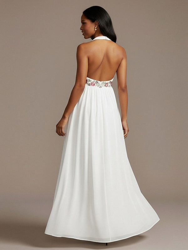 Halter Chiffon A Line Sequin Maxi Dresses with Floral