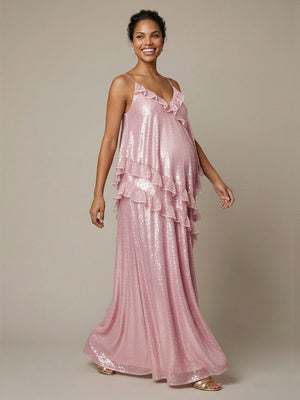 Sequin Spaghetti Straps A Line V Neck Maxi Dresses with Ruffles