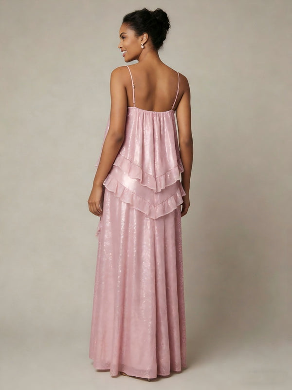 Sequin Spaghetti Straps A Line V Neck Maxi Dresses with Ruffles
