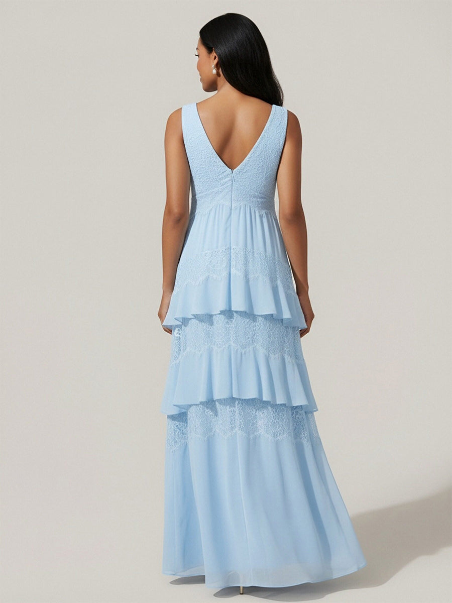 A Line V Neck Tiered Chiffon Sleeveless Wedding Guest  Dresses