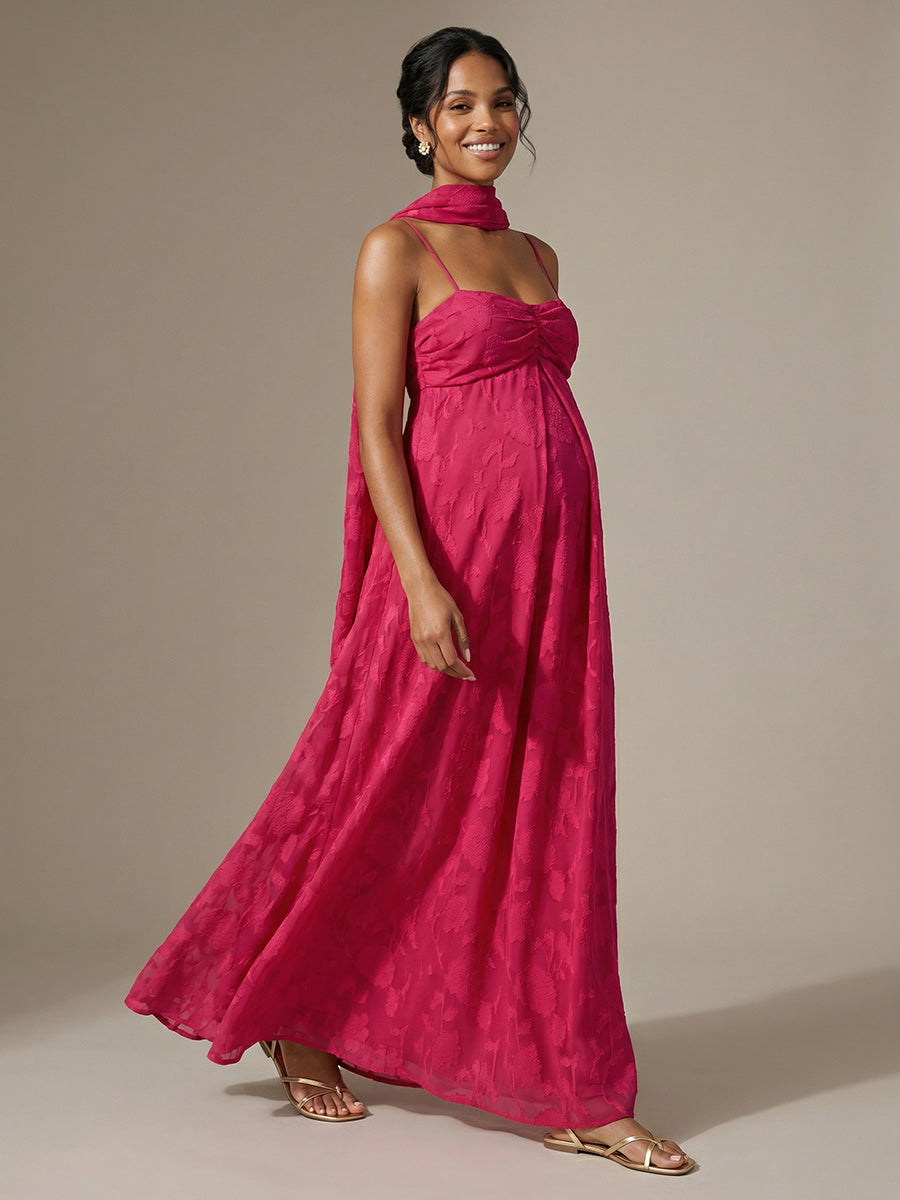 Jacquard A Line Spaghetti Straps Square Neck Maxi Dresses with Scarf