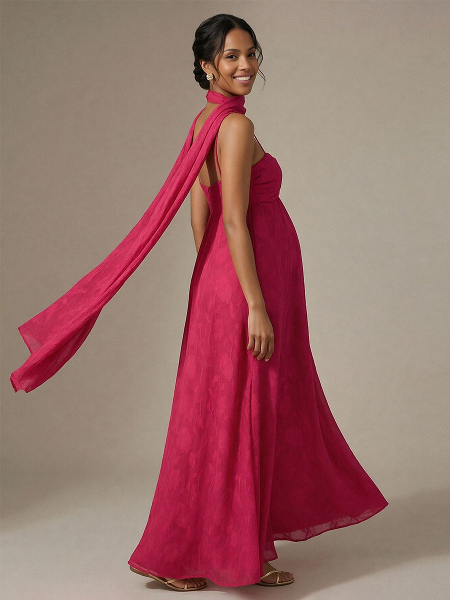 Jacquard A Line Spaghetti Straps Square Neck Maxi Dresses with Scarf