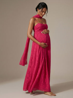 Jacquard A Line Spaghetti Straps Square Neck Maxi Dresses with Scarf