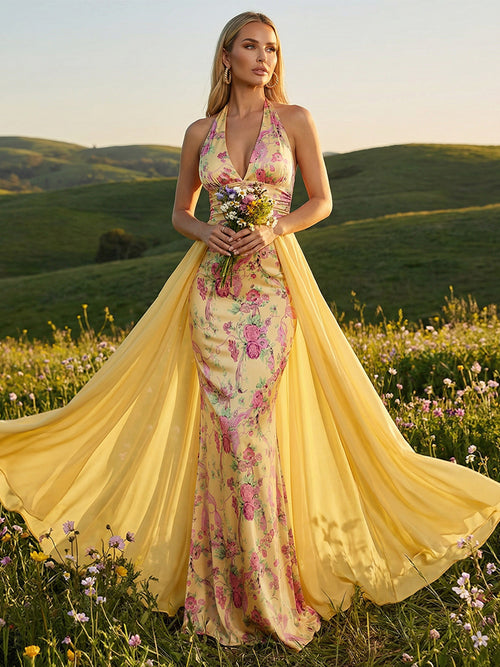 Floral V Neck Corset Mermaid Formal Prom Dresses