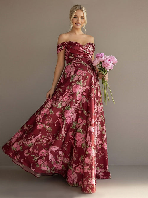 Floral Off the Shoulder Corset Pleated Maxi Dresses