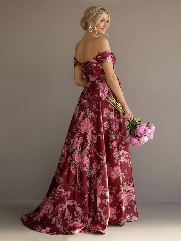 Floral Off the Shoulder Corset Pleated Maxi Dresses