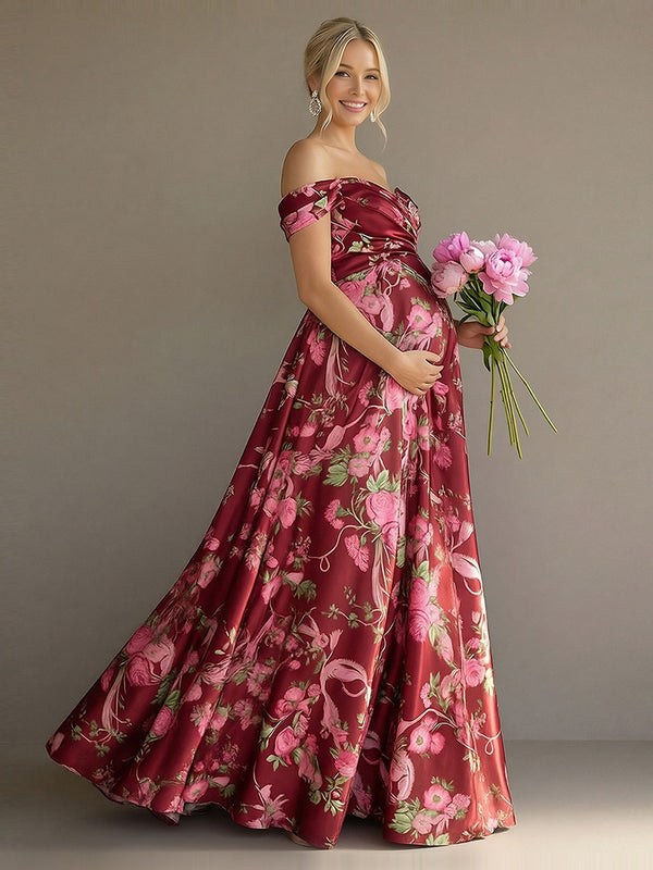 Floral Off the Shoulder Corset Pleated Maxi Dresses