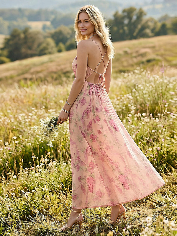 Floral V Neck Spaghetti Straps Maxi Dresses