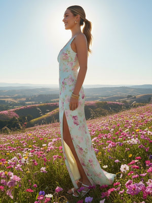 Floral Square Neck Wedding Guest Dresses with Slit