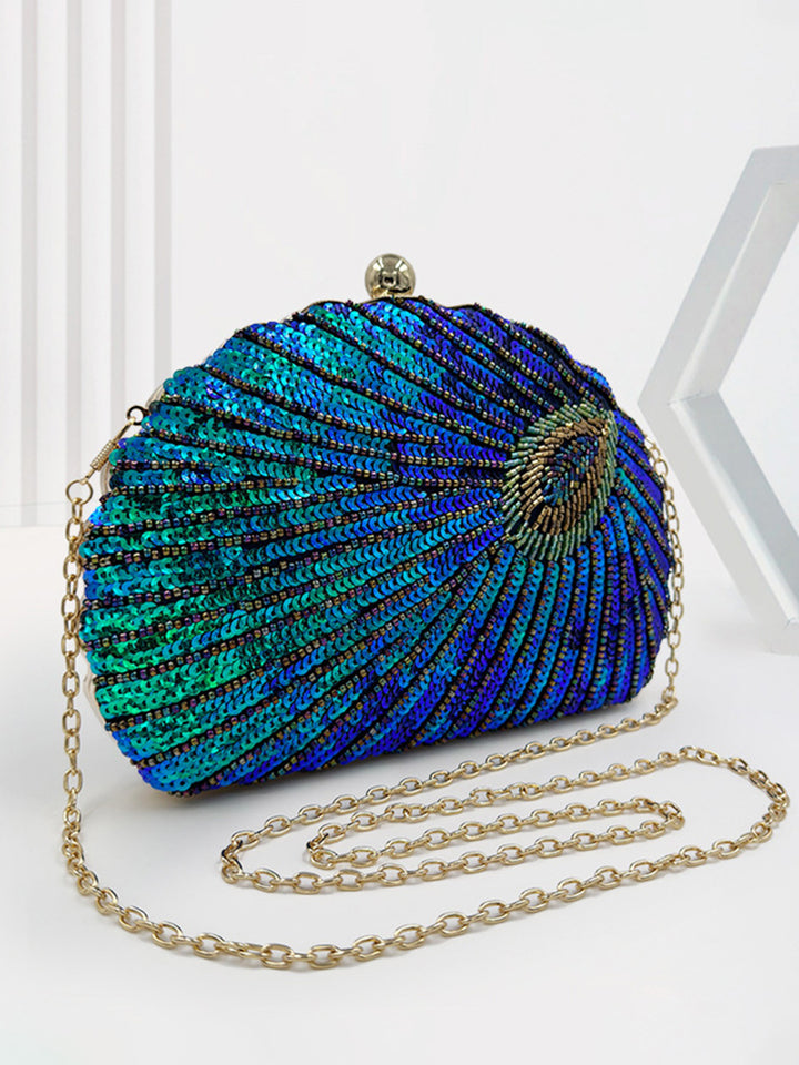 Shell Delicated Beadings Feather Sequin Handbags with Chain