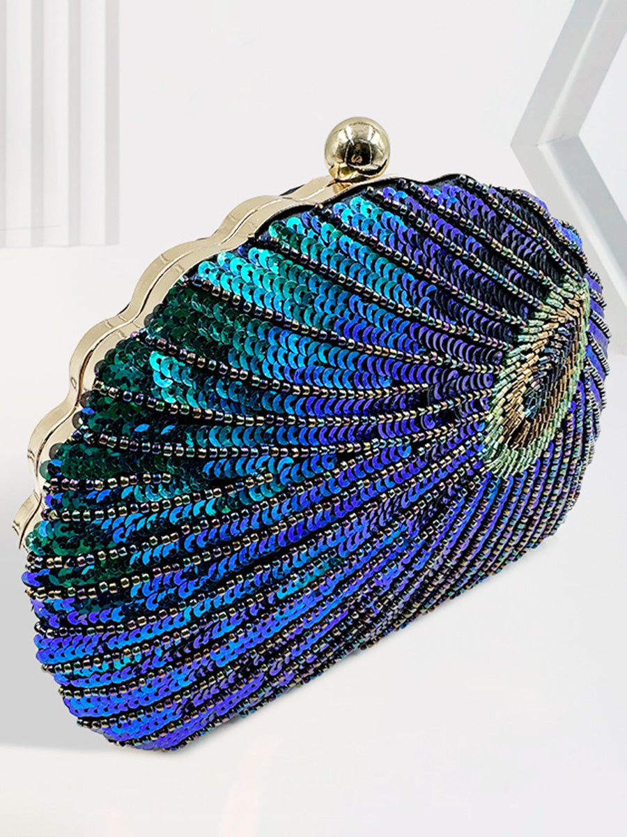 Shell Delicated Beadings Feather Sequin Handbags with Chain