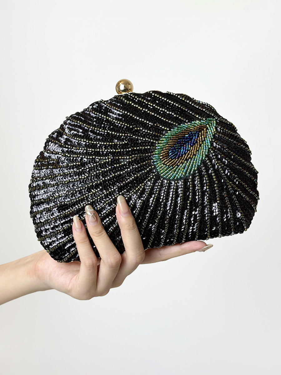 Shell Delicated Beadings Feather Sequin Handbags with Chain