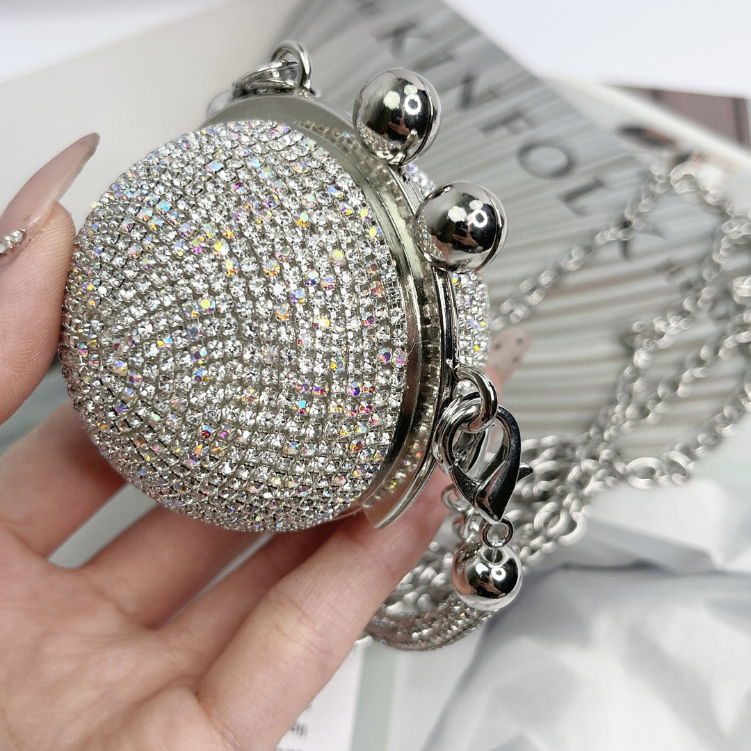 Round Daily Beadings Glitter Diagonally Across Metal Handbags with Chain