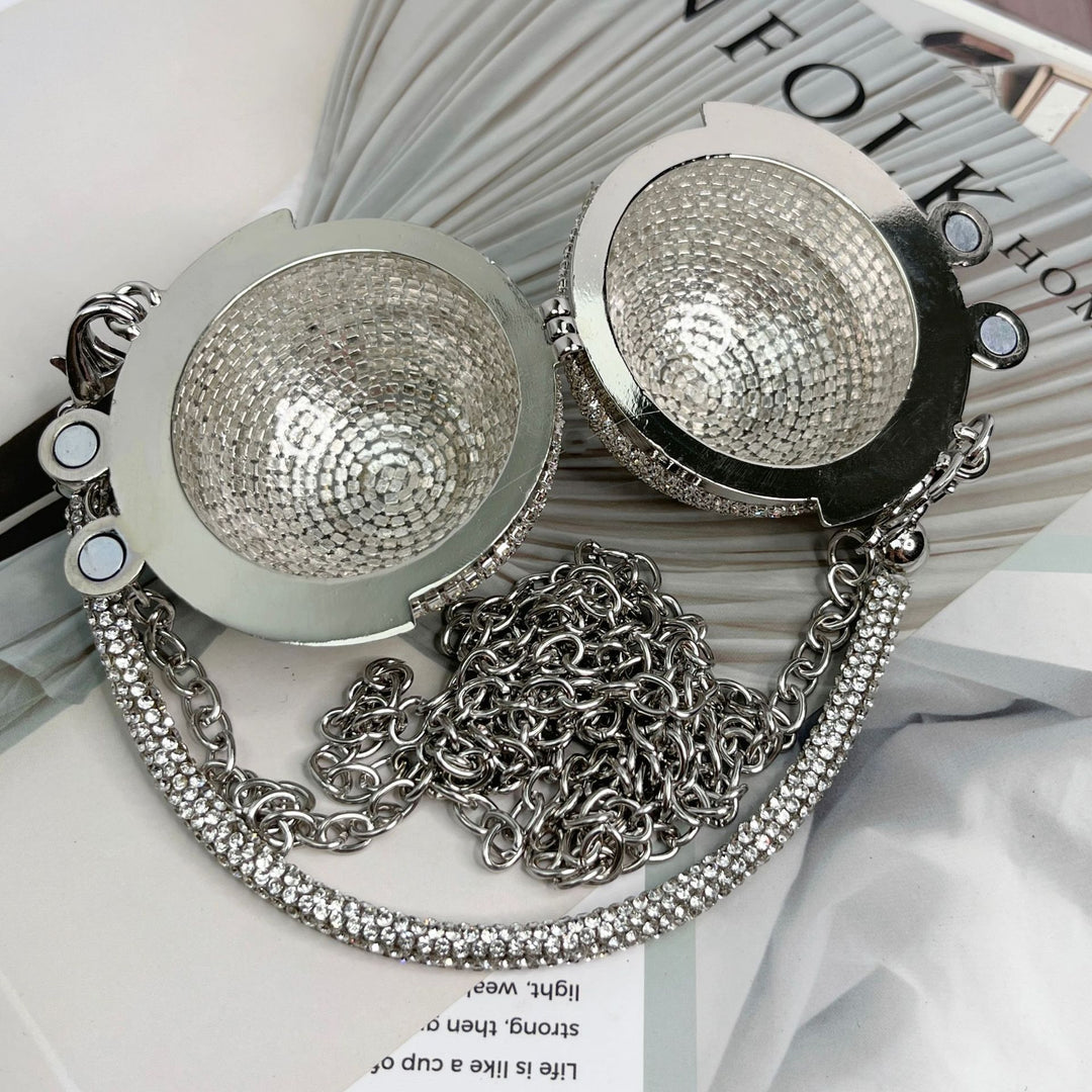 Round Daily Beadings Glitter Diagonally Across Metal Handbags with Chain
